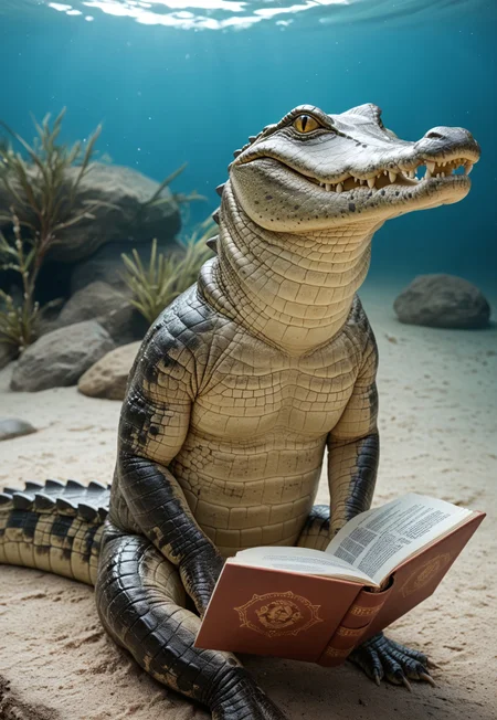 CrocodileLora, score_9, score_8_up, score_7_up, score_6_up, score_5_up, score_4_up, source_furry, hi res, sfw, solo, 1boy, realistic, photo, photorealistic, realistic animal, realistic feral, no humans,
Crocodile, crocodilian, scalie, feral, dark scales, green scales,
sharp teeth, large jaw, ear hole, crocodile ear, slit pupils, yellow eyes, adult crocodile, long body, long neck, 5 fingers, short arms,
Sitting on a rock, sitting bipedally, on back, sitting, sitting, reading a book, holding a book, book, reading,
underwater shot, from side, bust shot,
fish, water, aqua background, rocks, sand,