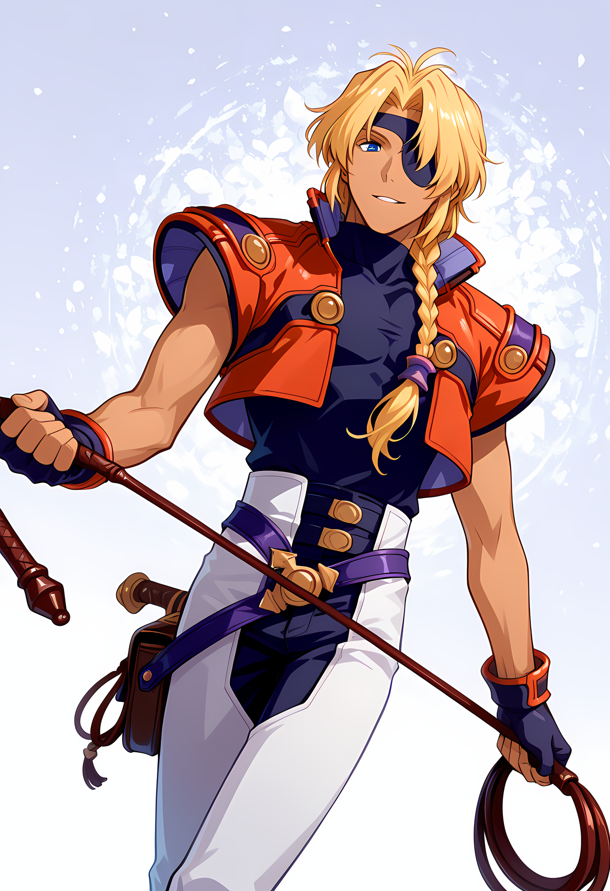 masterpiece, best quality, amazing quality, dutch angle, abstract background, BREAK
solo, male, 1boy, xen_bart, blonde hair, long hair, braid, blue eye, eyepatch, red jacket, white pants, whip, weapon, holding whip, BREAK
 <lora:cfg_scale_boost:.6>   <lora:Bart_Fatima_-_Xenogears_-_ILXL:1>