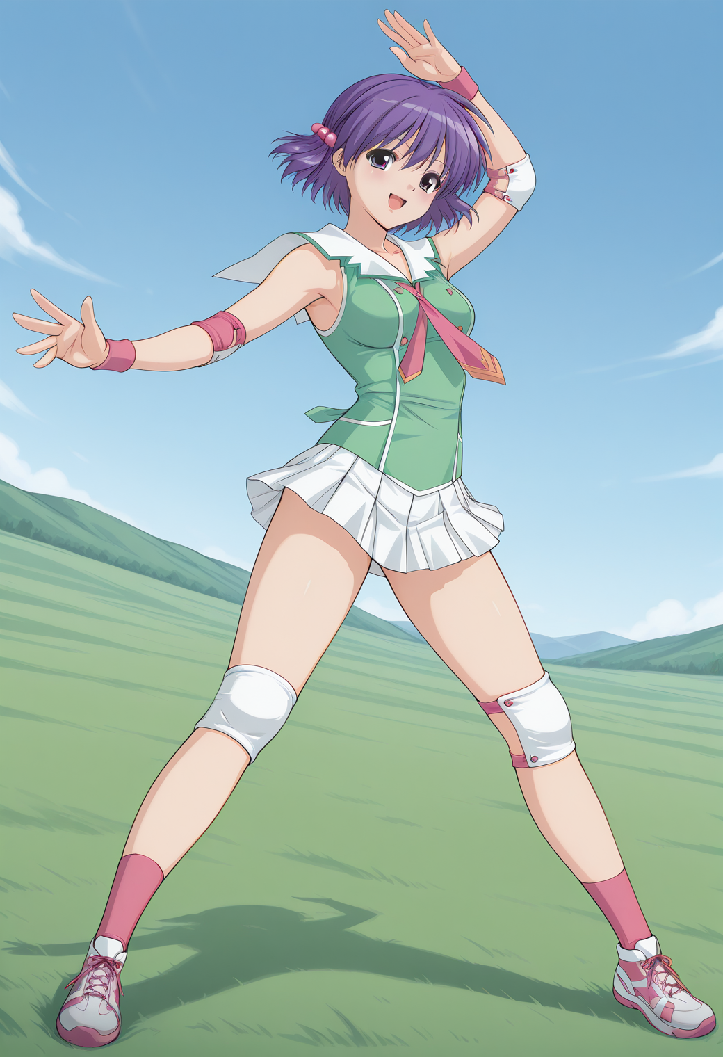 yuuki_chigusa, purple eyes, purple hair, short hair, hair ornament, hair bobbles, wristband, elbow pads, necktie, green shirt, white sailor collar, sleeveless, pleated skirt, white skirt, miniskirt, <lora:yuuki_chigusa_illustrious_ver1:0.8> 
smile, open mouth, knee pads, sneakers, pink socks, dynamic pose, full body,, masterpiece, best quality, sensitive,, 1girl, solo, blue sky, (grasslands:1.2), looking at viewer,