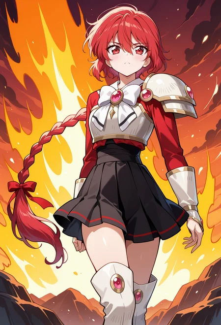masterpiece, best quality, high quality, anime, solo, <lora:AEHikaruillx:1>
AEHikaruKnight, red eyes, red hair, braided ponytail, hair between eyes, hair ribbon, long braid, long hair, single braid, breastplate, pauldrons, shoulder armor, gem, black skirt, boots, kneeboots, white footwear,
confident, outdoors, fire background, cowboy shot,