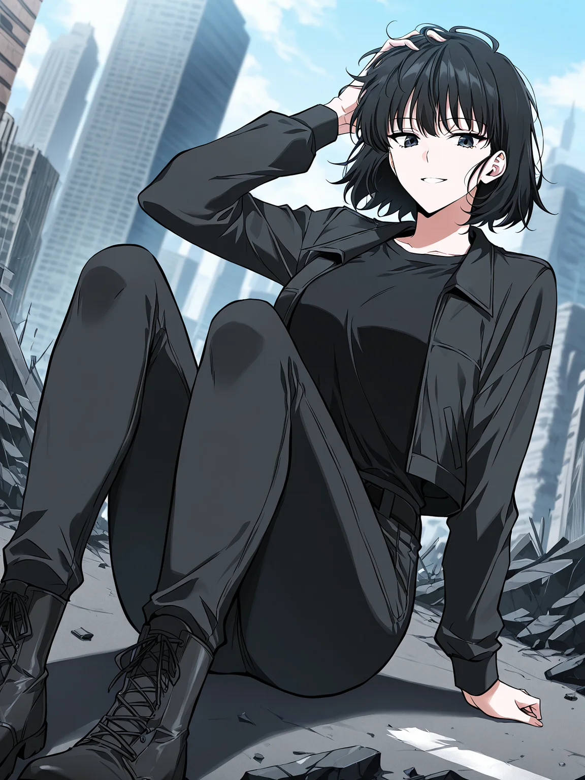 <lora:Omniscient Reader's Viewpoint _ Han Sooyoung_epoch_7:1>
1 girl, solo, short hair, messy hair, black hair, black eyes,
black jacket, black t-shirt, black skinny pants, black combat boots, all black outfit,
score_9, score_8_up, score_7_up, very aesthetic, source_anime, detailed, high quality, beautiful, masterpiece, detailed eyes, blurry background, cityscape, destroyed city, pose dynamic angle, light smile, open mouth, hand on hair, sitting