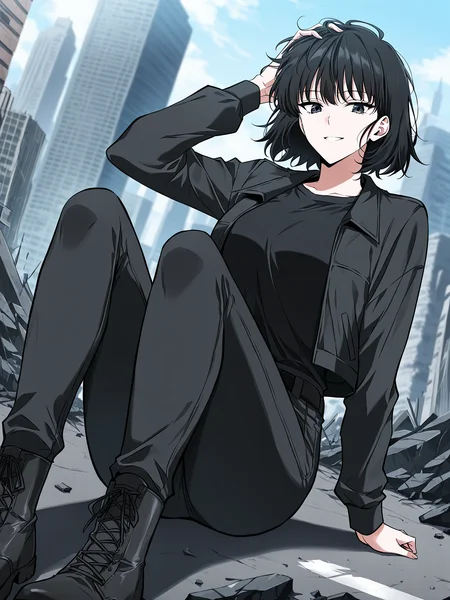 <lora:Omniscient Reader's Viewpoint _ Han Sooyoung_epoch_7:1>
1 girl, solo, short hair, messy hair, black hair, black eyes,
black jacket, black t-shirt, black skinny pants, black combat boots, all black outfit,
score_9, score_8_up, score_7_up, very aesthetic, source_anime, detailed, high quality, beautiful, masterpiece, detailed eyes, blurry background, cityscape, destroyed city, pose dynamic angle, light smile, open mouth, hand on hair, sitting