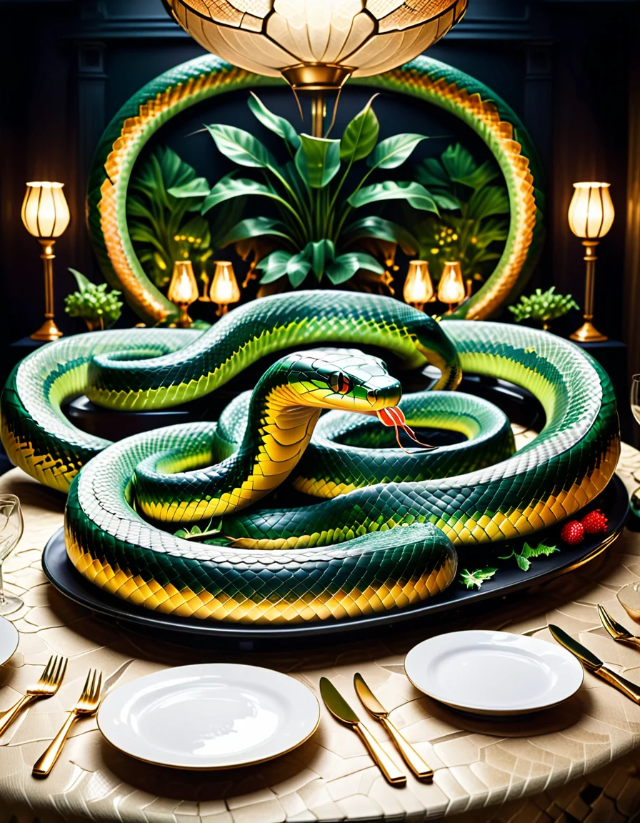 "An immersive banquet table covered with synthetic snake-scale tablecloth, plates and cutlery resembling organic, subtly moving snake forms, surreal dishes designed to look like serpentine shapes, blending grotesque and appetizing, hyperrealistic textures and details, eerie yet elegant atmosphere with dramatic lighting, provoking reflection on food and nature, mysterious and philosophical vibe." <lora:SDXLFaeTastic2400:0.4> <lora:extremely_detailed:0.4> extremely detailed, <lora:sn4ke:1>,sn4ke, Masterpiece,best quality,hi res,8k,hi res,8k,award winning,(sharp focus, intricate, highly detailed),