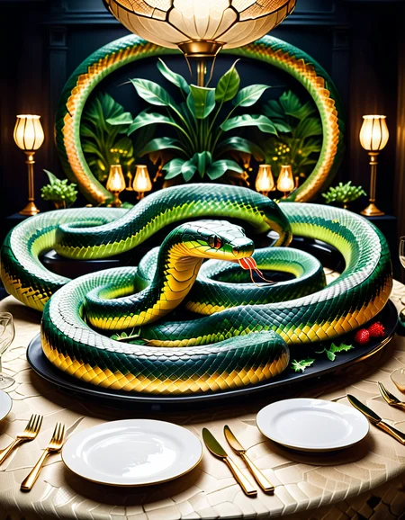 "An immersive banquet table covered with synthetic snake-scale tablecloth, plates and cutlery resembling organic, subtly moving snake forms, surreal dishes designed to look like serpentine shapes, blending grotesque and appetizing, hyperrealistic textures and details, eerie yet elegant atmosphere with dramatic lighting, provoking reflection on food and nature, mysterious and philosophical vibe." <lora:SDXLFaeTastic2400:0.4> <lora:extremely_detailed:0.4> extremely detailed, <lora:sn4ke:1>,sn4ke, Masterpiece,best quality,hi res,8k,hi res,8k,award winning,(sharp focus, intricate, highly detailed),