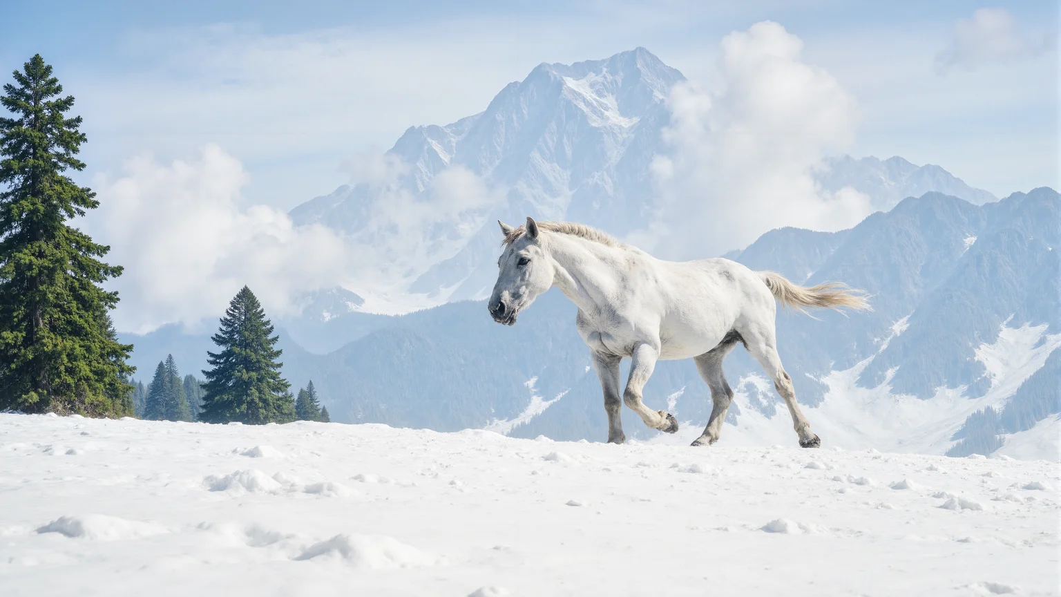 A white horses running through snowy mountains in winter,mid-range shot,realistic photography style. Sunlight shines on the snow-covered ground,with snowflakes kicked up by its hooves. The background features rolling snow-covered mountains and sparse pine trees,with crisp details and a cool color palette to emphasize the cold atmosphere.,<lora:kmountains-01:0.8>,kmountains,