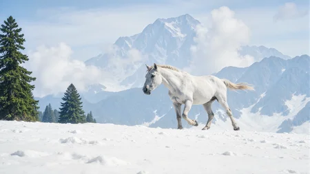 A white horses running through snowy mountains in winter,mid-range shot,realistic photography style. Sunlight shines on the snow-covered ground,with snowflakes kicked up by its hooves. The background features rolling snow-covered mountains and sparse pine trees,with crisp details and a cool color palette to emphasize the cold atmosphere.,<lora:kmountains-01:0.8>,kmountains,