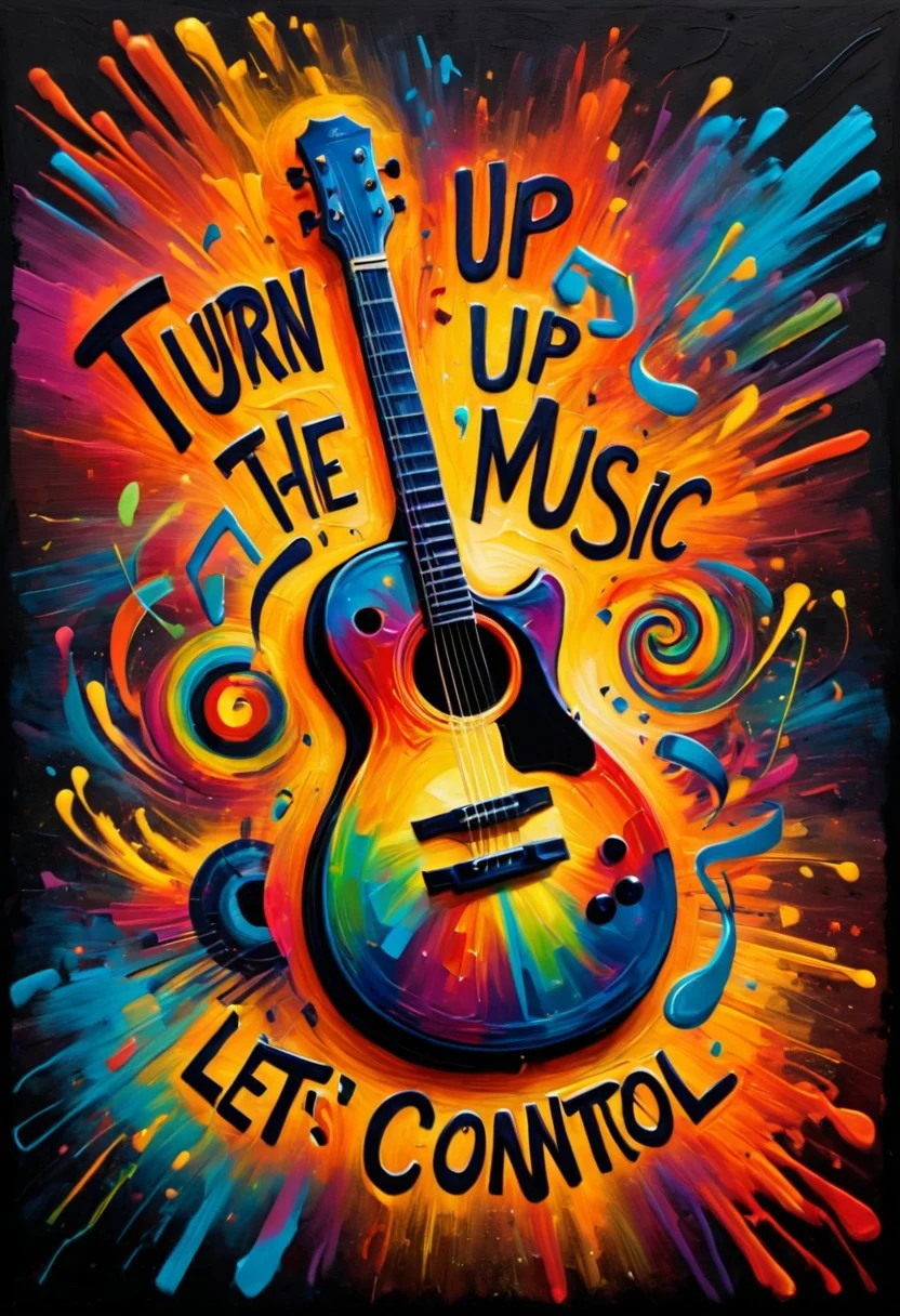 zavy-rghpnt, Letterism, "Turn up the music, let's lose control.", Hopeful, F/14, triadic colors, stunning, epic, intense, highly detailed, warm light, imposing, confident, beautiful composition, cool colors, dynamic dramatic beautiful full taking, ambient background, deep rich colors
