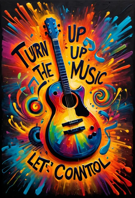 zavy-rghpnt, Letterism, "Turn up the music, let's lose control.", Hopeful, F/14, triadic colors, stunning, epic, intense, highly detailed, warm light, imposing, confident, beautiful composition, cool colors, dynamic dramatic beautiful full taking, ambient background, deep rich colors