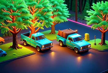 nxzskzt, car, ground vehicle, motor vehicle, no humans, tree, scenery, window, truck, neon, 3d, isometric view, octane render, neon lighting, isometric miniature, 3d scene, cinematic lighting, extremely detailed, ultra HD, desktop wallpaper, 128k, neon theme, masterpiece, best quality