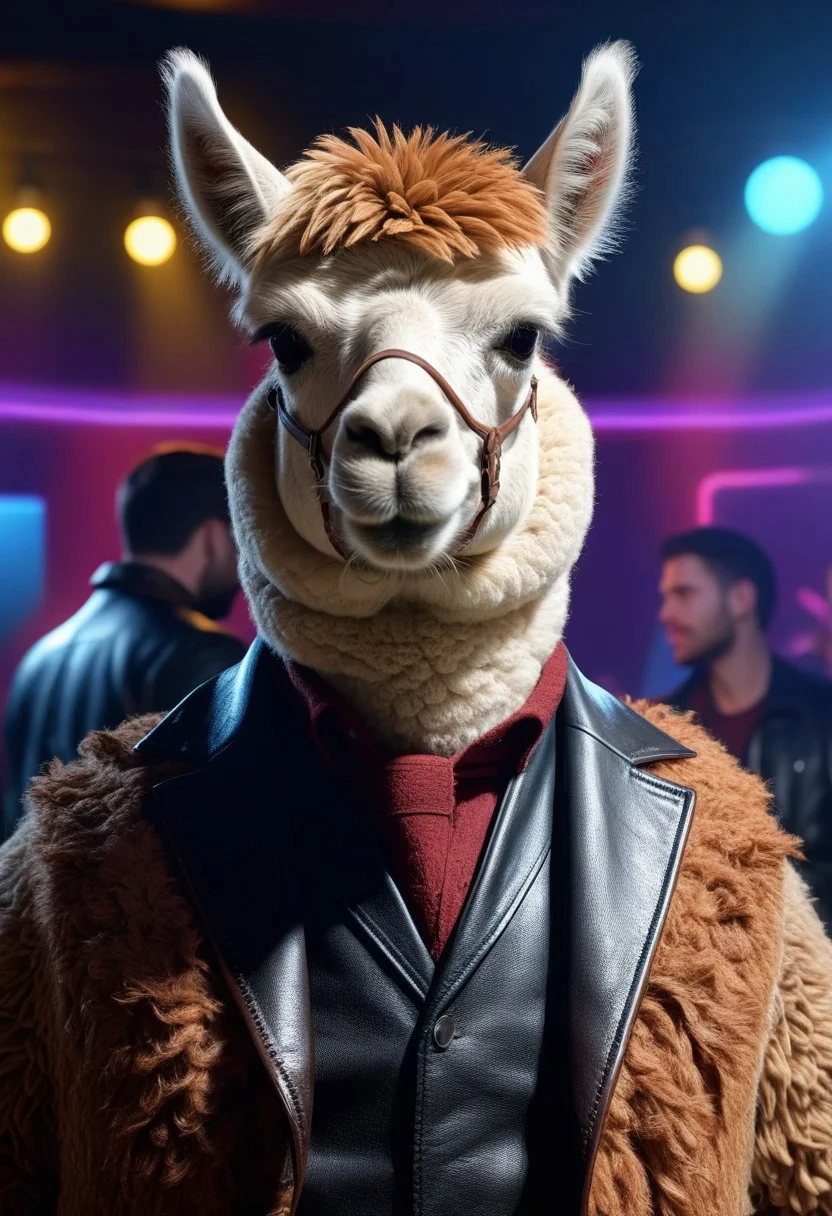 a alpaca with leather clothing in a cool club, party alpaca, very detailed, 4k, sharp