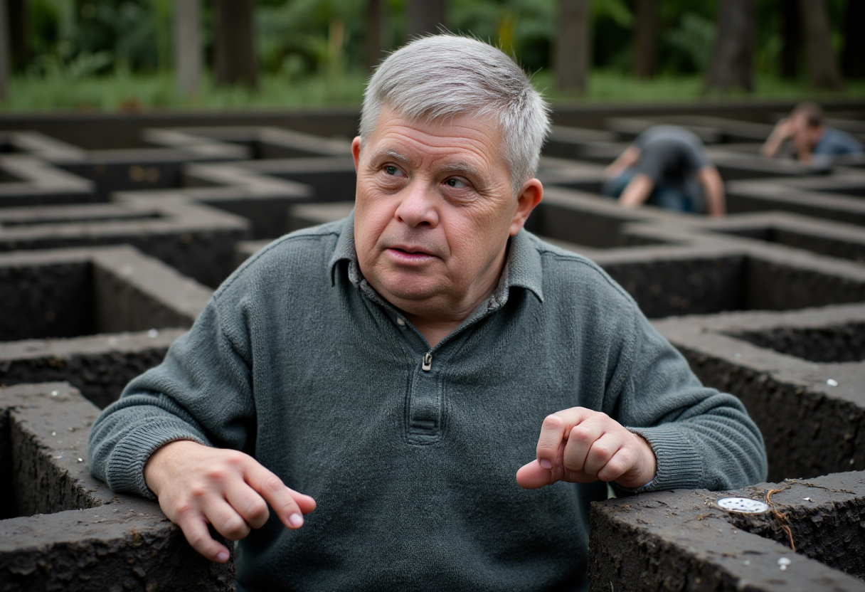 a photo of a  elderly man with Down syndrome navigating a maze full of traps.  No deformed hands.