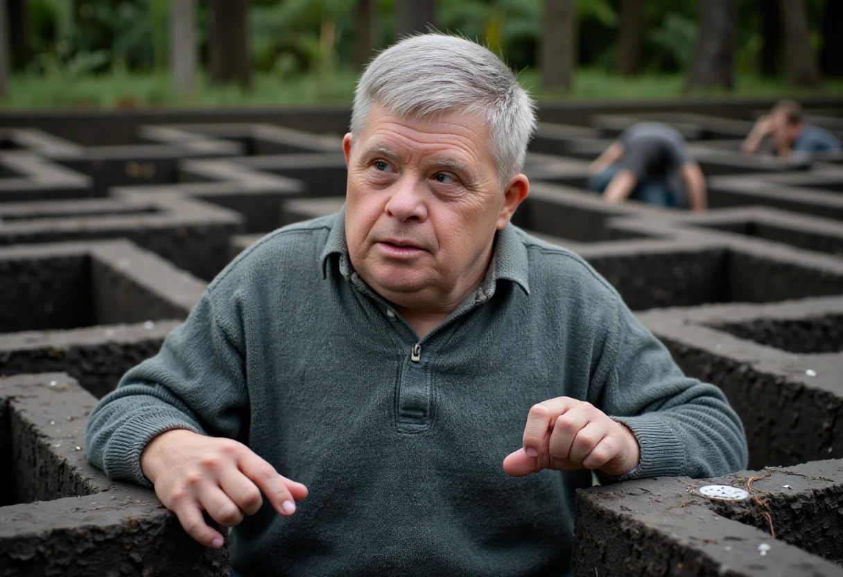a photo of a  elderly man with Down syndrome navigating a maze full of traps.  No deformed hands.