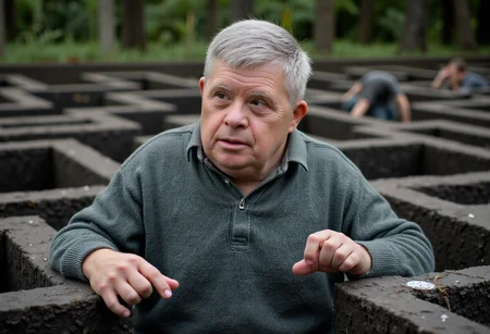 a photo of a elderly man with Down syndrome navigating a maze full of traps. No deformed hands.