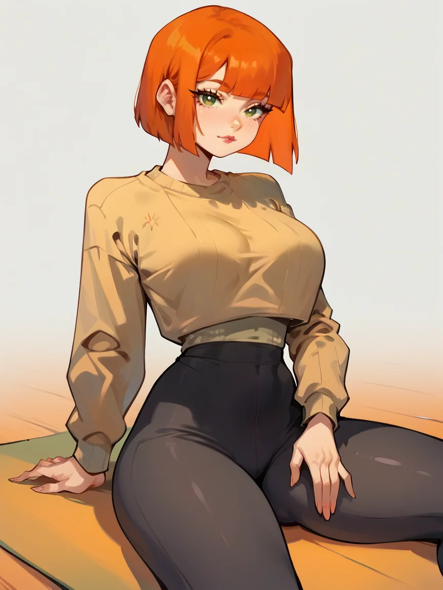 score_9, score_8_up, score_7_up, score_6_up, score_5_up, <lora:momjapmcdXLP:1> momjapmcd, 1girl, short hair, orange hair, green eyes, sweater, yoga pants, large breasts,
