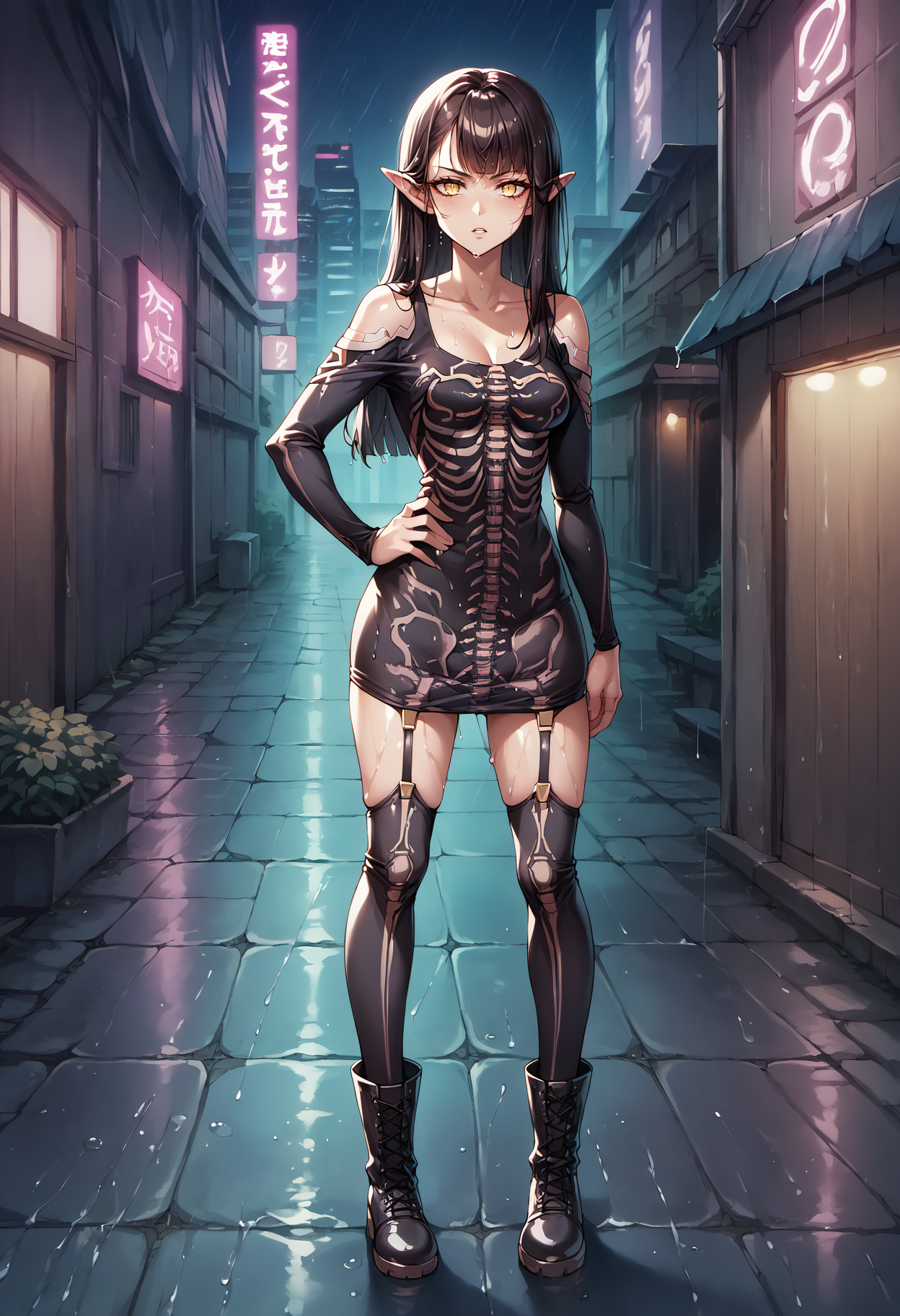 score_9, score_8_up, score_7_up, source_anime, 1girl, solo, looking at viewer, long hair, black hair, yellow eyes, slit pupils, pointy ears, skeleton dress, black dress, long sleeves, shoulder cutout, skin tight, outdoors, alleyway, night, dark, (rain), contrapposto, legs apart, standing, black thighhighs, collarbone, garter straps, building, night sky, neon lights, full body, wet, wet hair, boots, cyberpunk, hand on own hip, arm at side, serious, parted lips