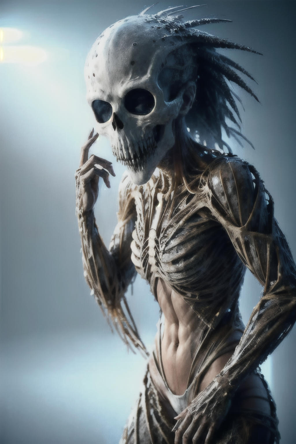 woman,  gradient_background, closed_mouth, science_fiction, indoors, skull, torn_clothes, <lora:EdobMonsterFemale2_v2.0:0.8>