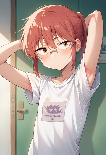 score_9, score_8_up, score_7_up, source_anime, masterpiece, 1girl, ctiankobayashi, flat chest, white t-shirt, armpits, looking at viewer, standing, <lora:kobayashiPONYct:0.8>