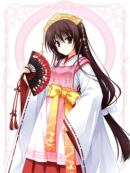 <lora:sakuyahime-tenshin-000009:1>,il-unohana-sakuya,1girl,ukami outfit,solo,japanese clothes,brown hair,
ponytail,yellow bow on waist,ribbon-trimmed sleeves,miko,pink wide shoulder strap out layer,white outer long under layer,elegant white gown with a trailing hem,red layer skirt inner,holding a closed black folding fan wrapped with decorative threads,
<lora:add-detail-xl:1>,<lora:ponyv4_noob1_2_adamW-000017:0.8>,wear clothes,