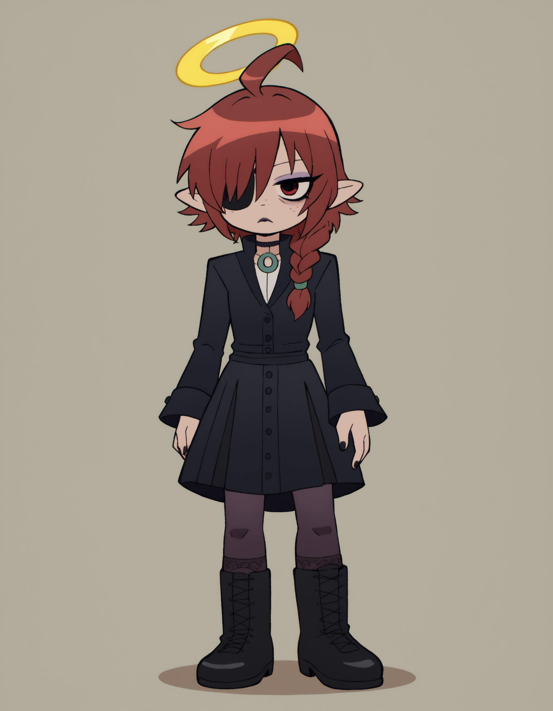 zPDXL, score_9, score_8_up, score_7_up, source_anime,
1girl, solo, <lora:Nullantwins:0.8> Lynn, red hair, red eyes, (hair over one eye), braided ponytail, halo, freckles, bags under eyes, jitome, ahoge, pointed ears, flat chest, eyepatch,, gothic maiden wearing Edwardian gown in deep purple velvet, high-neck blouse, flowing skirt, lace stockings, button-up boots, Black lipstick, smokey eyes with dark eyeshadow, black eyeliner, pale skin, black nail polish ,  <lora:ScottP-v2-3:0.8> scttp