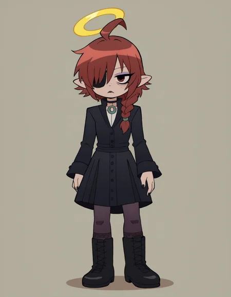 zPDXL, score_9, score_8_up, score_7_up, source_anime,
1girl, solo, <lora:Nullantwins:0.8> Lynn, red hair, red eyes, (hair over one eye), braided ponytail, halo, freckles, bags under eyes, jitome, ahoge, pointed ears, flat chest, eyepatch,, gothic maiden wearing Edwardian gown in deep purple velvet, high-neck blouse, flowing skirt, lace stockings, button-up boots, Black lipstick, smokey eyes with dark eyeshadow, black eyeliner, pale skin, black nail polish , <lora:ScottP-v2-3:0.8> scttp