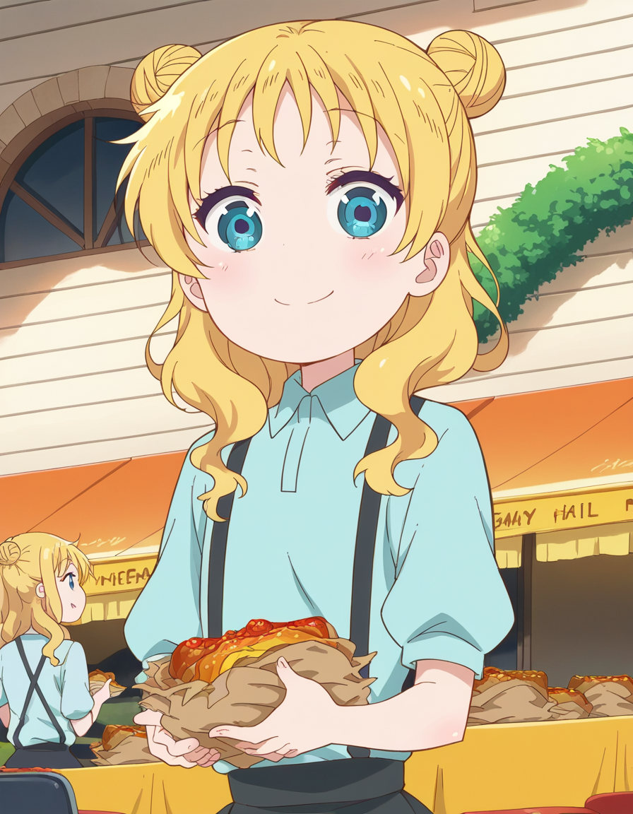 score_9, score_8_up, score_7_up, source_anime, <lora:dragon-chloe-s2-ponyxl-lora-nochekaiser:1>, chloe, blue eyes, blonde hair, hair bun, double bun, child, female child,, skirt, shirt, thighhighs, collared shirt, suspenders, blue shirt,, restaurant, laughter, good food, warm lighting, celebration, smile, , v,, solo,, dutch angle,