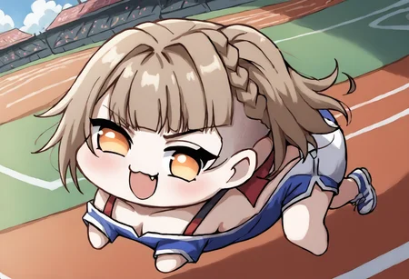 score_9, score_7_up, source_anime, uncensored, zPDXLxxx, <lora:intricate_details:1> intricate_details_xl, running track, (wind:1.15) paw print background, downblouse, live2d
1girl, solo, streaked hair, undercut, medium hair, sidelocks, mohawk, crazy eyes, glowing eyes, light brown eyes, looking at viewer, short shorts <lora:Mesugaki_Concept_v1.1:1> mesugaki, smug, skin fang
<lora:Doro_X_PDXL_V1:1> doro, creature, chibi, no humans, white skin, solid circle eyes, no pupils, teardrop