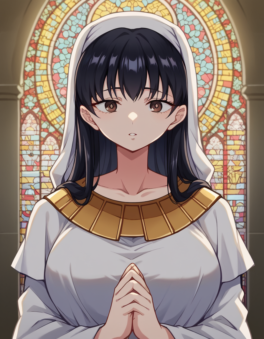 score_9, score_8_up, score_7_up, source_anime, <lora:anna-yamada-s2-ponyxl-lora-nochekaiser:1>, anna yamada, long hair, bangs, black hair, brown eyes, large breasts, <lora:buddhist-nun-ponyxl-lora-nochekaiser:1>, buddhist nun, nun, habit, vitakra mudra, mudra, coif, gold necklace, priestess,, church, parted lips, praying,, cowboy shot