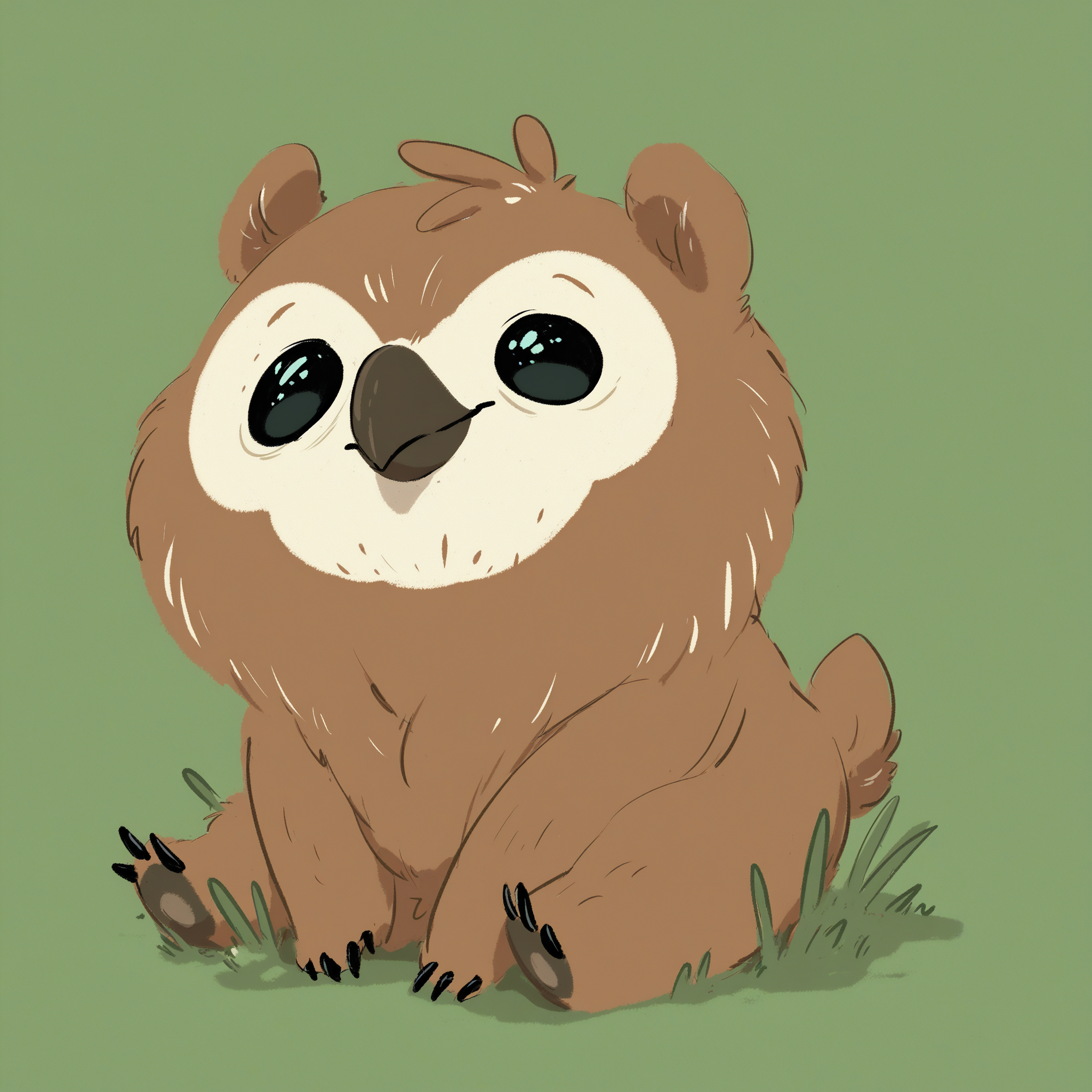 jebedai style, cute little owlbear cub sitting on grass, beak, animal, solo