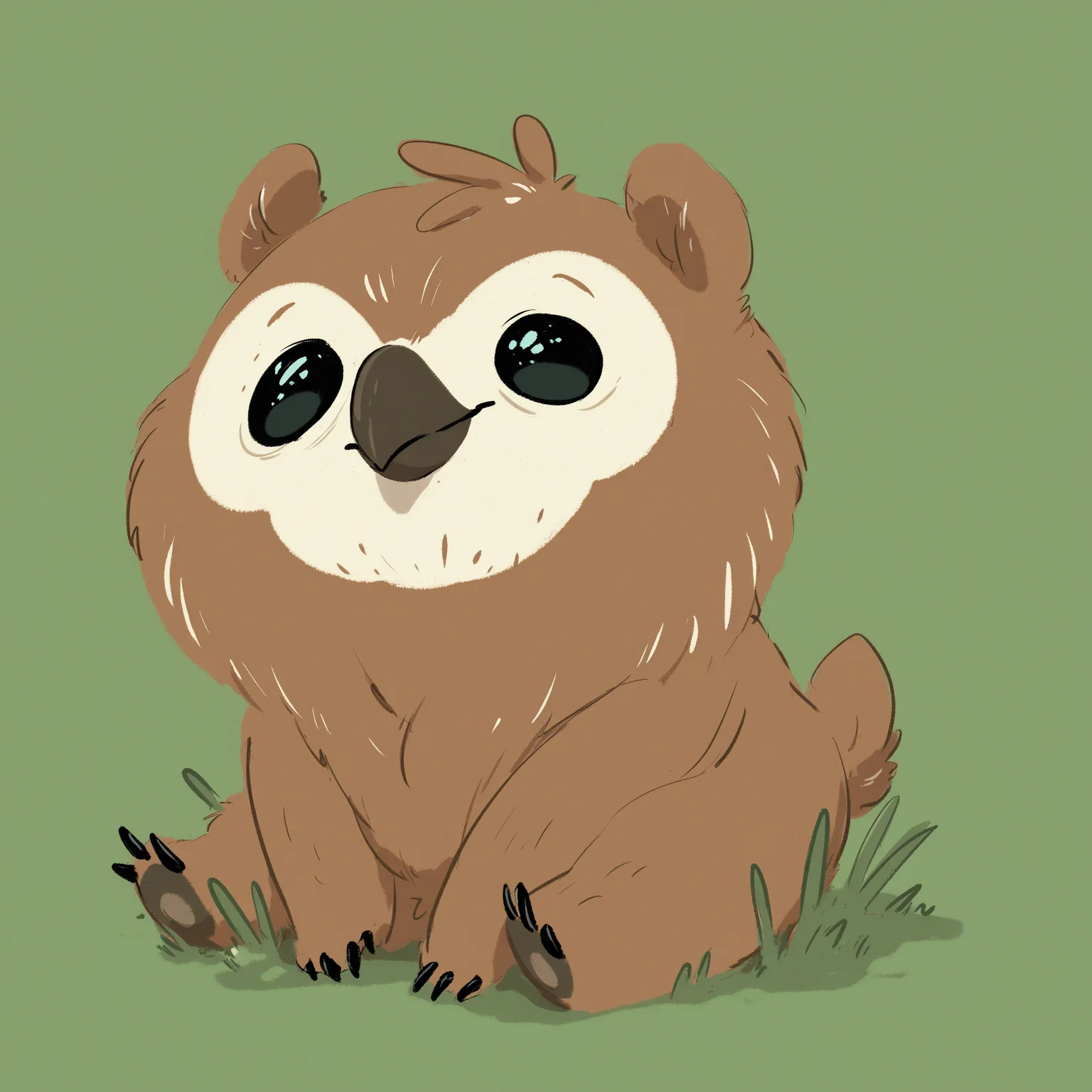 jebedai style, cute little owlbear cub sitting on grass, beak, animal, solo