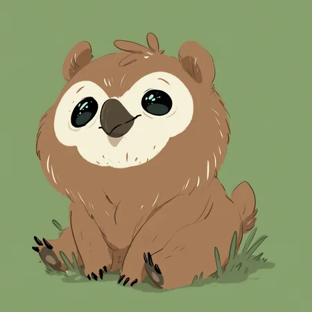jebedai style, cute little owlbear cub sitting on grass, beak, animal, solo
