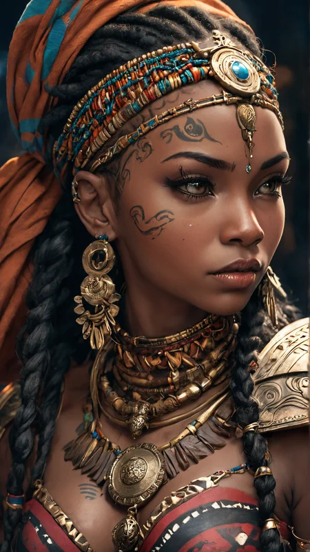A regal African warrior woman adorned with intricate tribal jewelry, detailed facial tattoos, vibrant clothing, realistic textures, ultra-high definition, natural lighting, photorealistic, highly detailed, sharp focus, cinematic, hyperrealism, BREAK
very dark background, night time, wide hip, curvy, cowboy shot