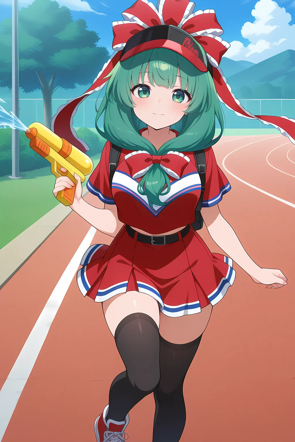 absurdres, highres, masterpiece, best quality, amazing quality, official anime artwork, screencap, anime screencap, outdoors, looking at viewer,  light smile, 
 <lora:Hina-Kagiyama_Illustrious:1> kagiyama hina, 1girl, solo, green eyes, green hair, long hair, front ponytail,, kagiyama hina \(misfortune exorcising cheerleader\), alternate costume, hair ribbon, red ribbon, black belt, black thighhighs, red shirt, sleveless, red skirt, short skirt, holding water gun, red footwear, visor cap, black cap, black backpack,
