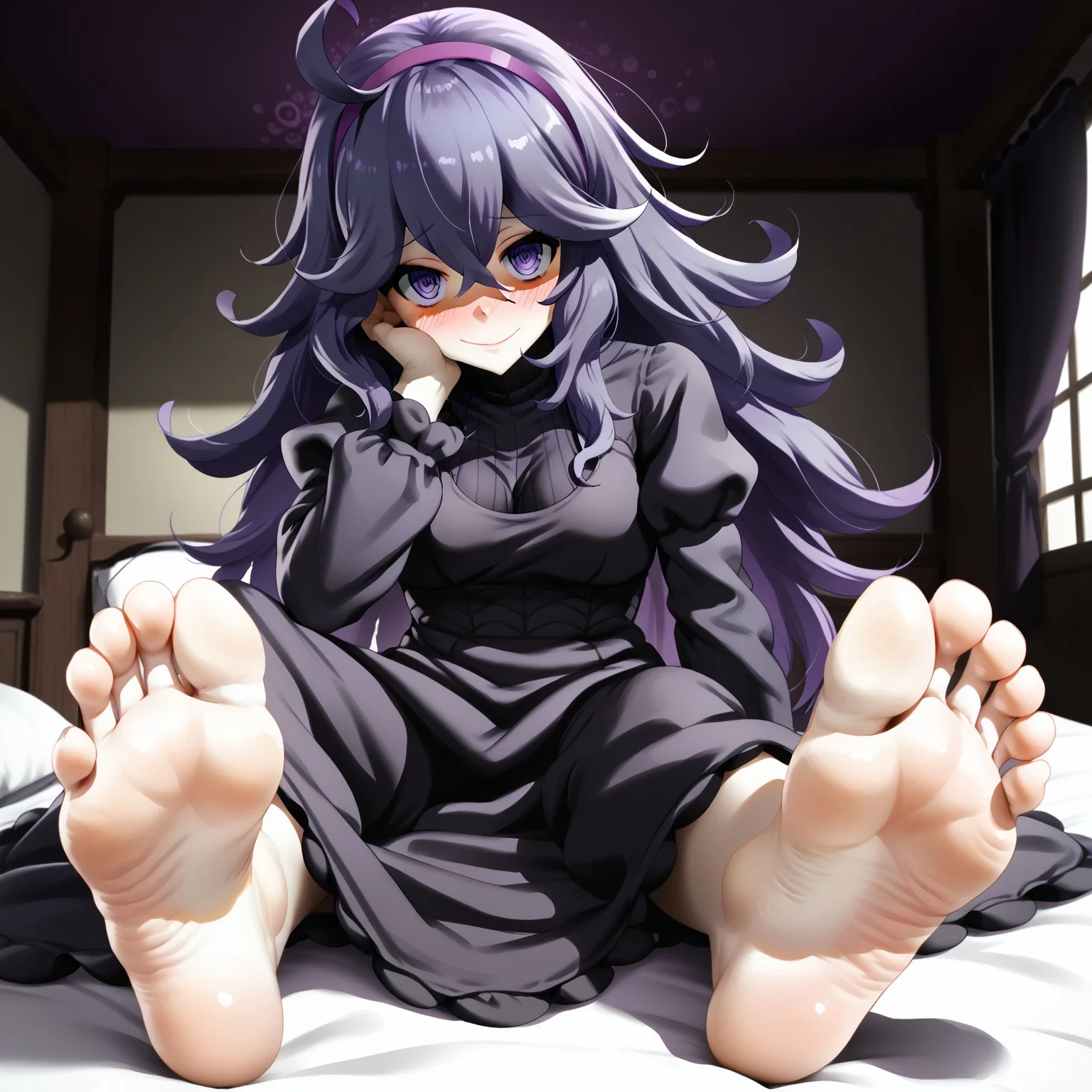 hex maniac, hairband, messy hair, purple eyes, purple hair, purple hairband, @ @, black dress, dress, long dress, long sleeves, juliet sleeves, indoors, bed, bed room, sitting, blush, drunk, looking at viewer, barefoot, soles, feet up, foot focus, foreshortening, from below