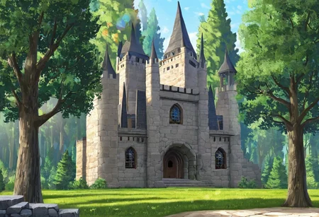 castle, courtyard, stone wall, arched windows, green grass, trees, forest, blue sky, sunlight, lens flare, fantasy, outdoors, daytime