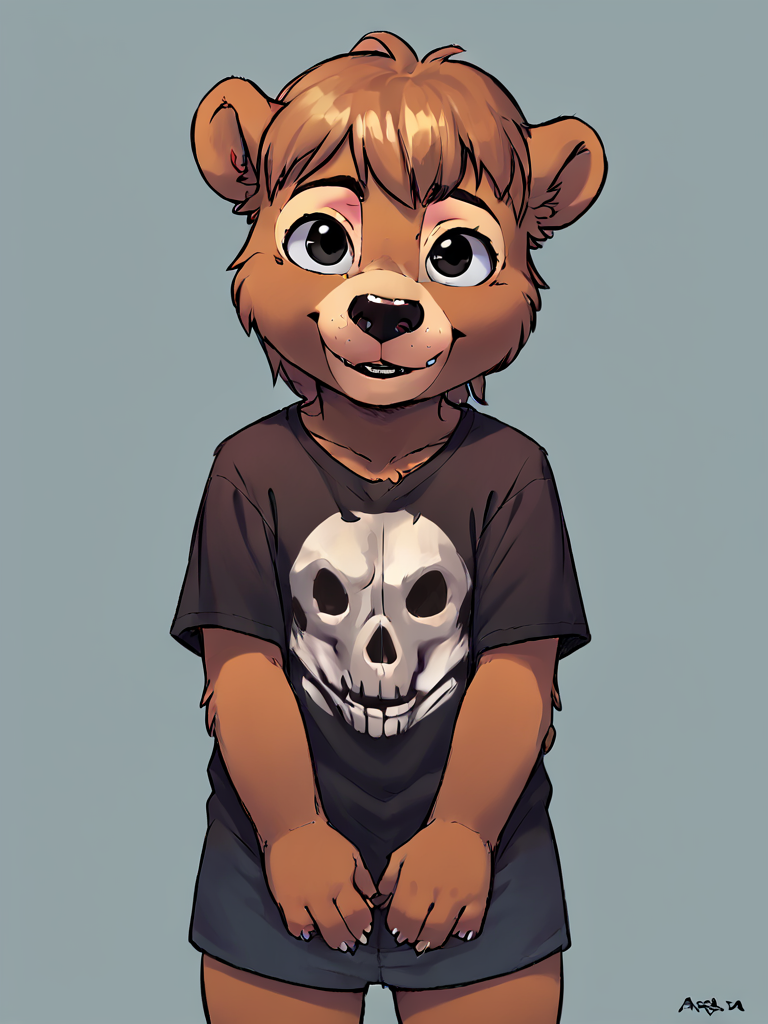 score_7_up, score_8_up, score_9, masterpiece, perfect face, perfect hands, high quality, 1girl, solo, <lora:Ambrosia_bulletsoup_OC:0.8> ambrosia, bear girl, furry, cub, brown fur, black eyes,() skull black t-shirt,