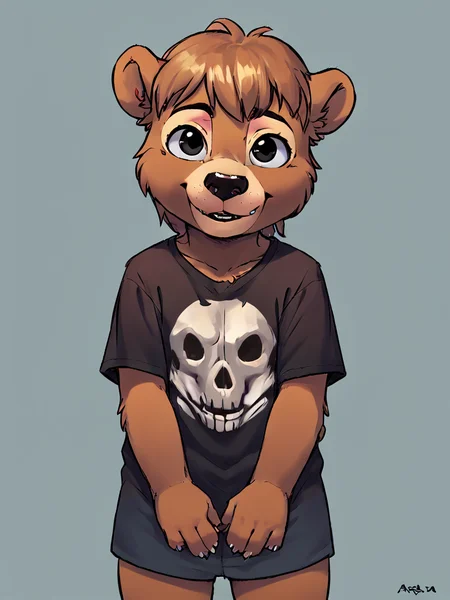 score_7_up, score_8_up, score_9, masterpiece, perfect face, perfect hands, high quality, 1girl, solo, <lora:Ambrosia_bulletsoup_OC:0.8> ambrosia, bear girl, furry, cub, brown fur, black eyes,() skull black t-shirt,
