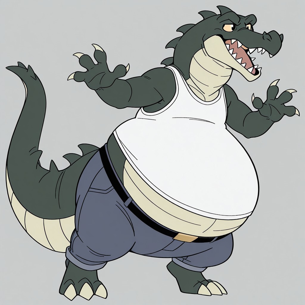 1boy, solo, official art, masterpiece, best quality, amazing quality, male, males only, male focus, Carv, crocodile, scalie, green skin, tan belly scales, head spikes, tail spikes, claws, tan claws, 4 fingers, 3 toes, tan sclera, black pupils, long snout, sharp teeth, long tail, bottom heavy, overweight, ((big belly:1.6)), white tank top, blue jeans, belt, male, solo, high quality, detailed, amazing shading, digital art, masterpiece