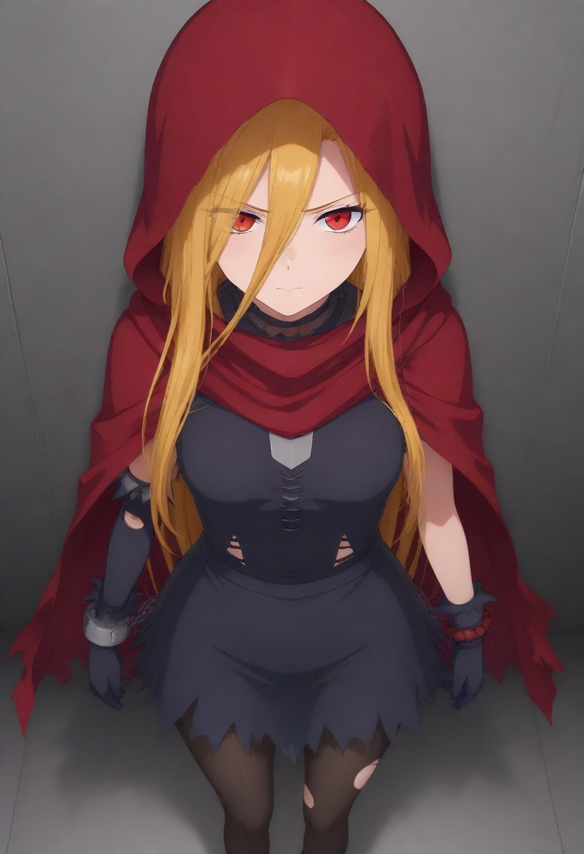 masterpiece, best quality, amazing quality,,, shiny skin,,,,,, <lora:Evileye:1> N4rb3r4lG4mm4, red eyes, blonde hair, very long hair, hair between eyes, torn clothes, hood, pantyhose, black dress, gloves, chain, hooded cloak, shackles,