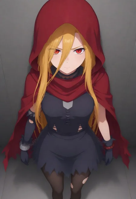 masterpiece, best quality, amazing quality,,, shiny skin,,,,,, <lora:Evileye:1> N4rb3r4lG4mm4, red eyes, blonde hair, very long hair, hair between eyes, torn clothes, hood, pantyhose, black dress, gloves, chain, hooded cloak, shackles,