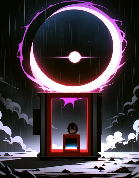 detailed, beautiful color, amazing quality, best quality, high quality,aesthetic, detailed, beautiful color, amazing quality, best quality, high quality,anime,scenery,dark wordl,black hole,lowkeylight, cloudy sky, metallic texture, chromatic aberration,rainy,dust particles,on box,portal,magic