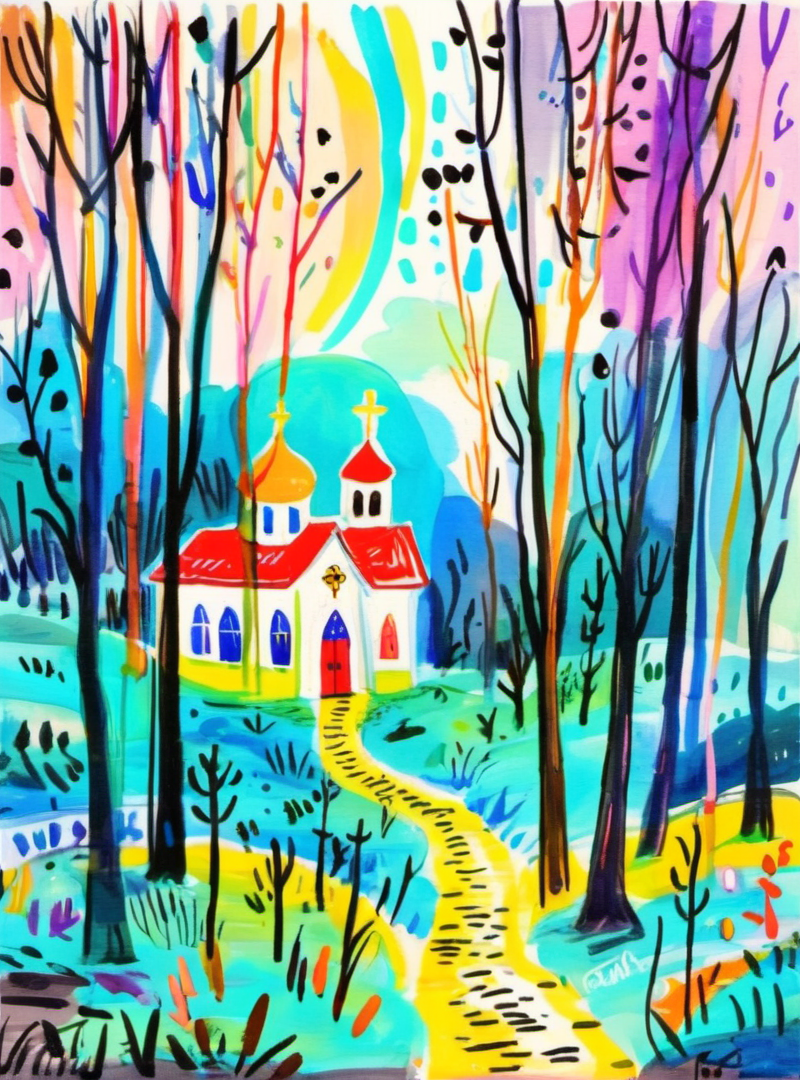 <lora:æ½è±¡-000016:0.8>,cartoon,illustrated,colorful,whimsical,forest,lights,vibrant colors,art,city,church,
