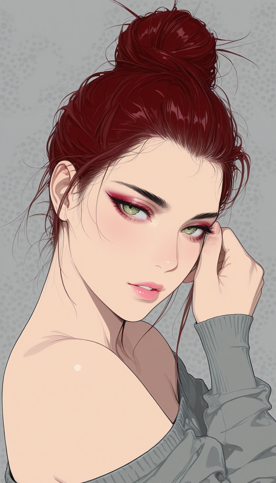 masterpiece, best quality, amazing quality, (anime coloring:1.5), (flat color:1.3),
1girl, solo, burgundy hair, hair bun, updo, loose hair strand, loose bangs, hair behind ear, black eyebrows, thick eyebrows, light green eyes, detailed eyes, eyeshadow, pink lips, parted lips, light blush, looking at viewer, seductive,
bare shoulders, off-shoulder sweater, grey sweater, posed, hand on face, facing to the side, 
grey background, polka dot background