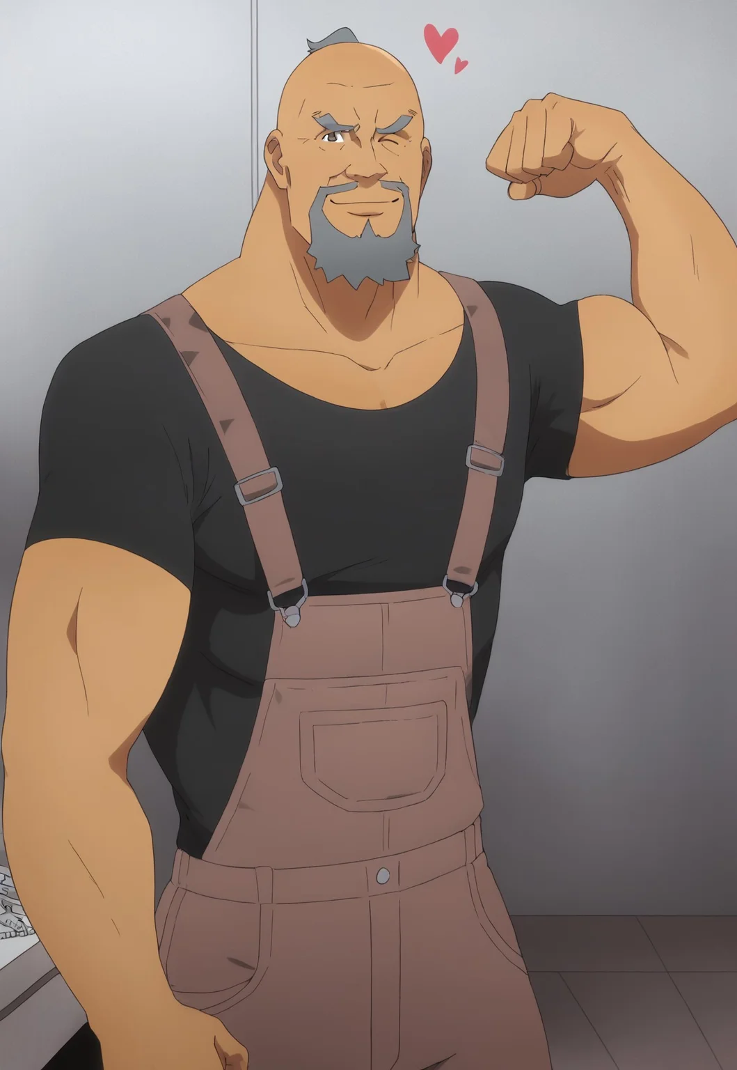 safe_pos, score_9, score_8_up, score_7_up, score_6_up, score_5_up, score_4_up, high quality, high detail, best quality, safe_pos, high quality, high detail, best quality, 1boy, solo, male focus, bara, male, Ginnosuke, grey hair, balding, thick eyebrows, goatee, facial hair, brown eyes, mature male, old, wrinkled skin, muscular, muscular male, GinnosukeOutfit, black t-shirt, grey denim overalls, grey denim jeans, feet out of frame, one arm flexing, bicep, smile, wink, <3, indoors, looking at viewer