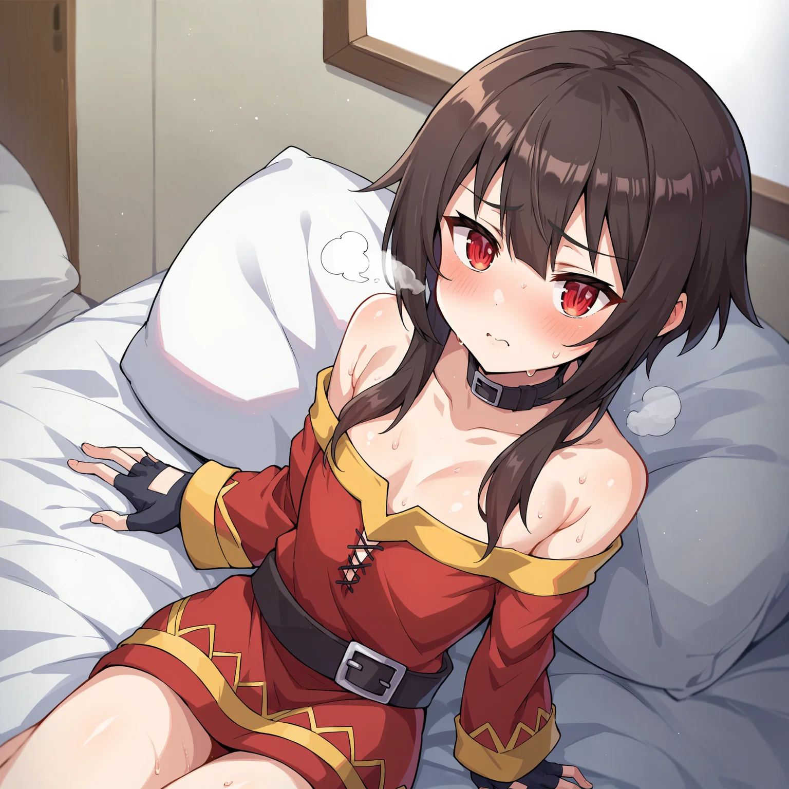 score_9, score_8_up, score_7_up, score_6_up, score_5_up, score_4_up, BREAK source_anime,POV,on bed,sitting(blush,steam,sweat:1.3),<lora:Megumin_V1:0.8>megumin, short hair, black hair, red eyes, side locks, long locks,gloves, red dress, black gloves, belt, fingerless gloves, collar, red dress,