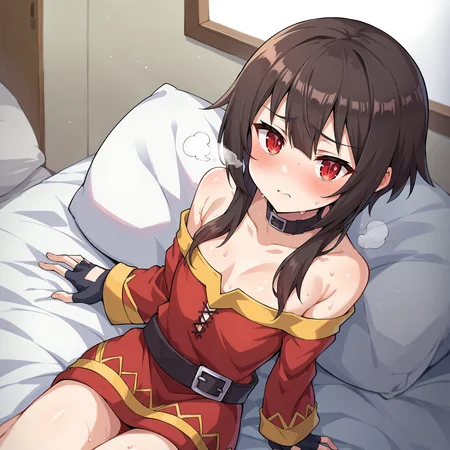 score_9, score_8_up, score_7_up, score_6_up, score_5_up, score_4_up, BREAK source_anime,POV,on bed,sitting(blush,steam,sweat:1.3),<lora:Megumin_V1:0.8>megumin, short hair, black hair, red eyes, side locks, long locks,gloves, red dress, black gloves, belt,  fingerless gloves, collar, red dress,