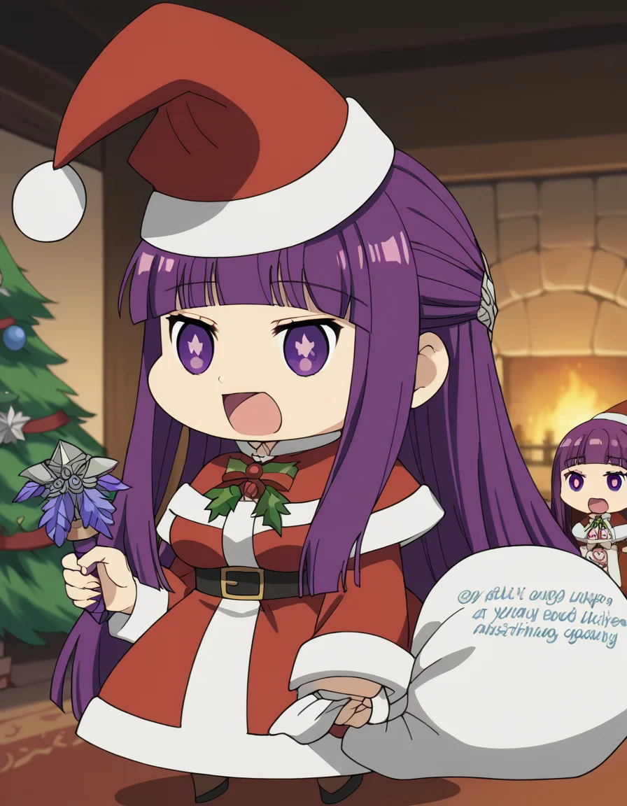 score_9, score_8_up, score_7_up, source_anime, <lora:fern-s1-v2-ponyxl-lora-nochekaiser:1>, fern, long hair, bangs, purple eyes, purple hair, sidelocks, blunt bangs, bright pupils, half updo, large breasts, anime screencap, <lora:padoru-ponyxl-lora-nochekaiser:1>, padoru, padoru (meme), holding sack, sack, santa hat, meme, christmas, open mouth, chibi, red capelet, santa dress, capelet, fur-trimmed headwear,, , dutch angle, cowboy shot