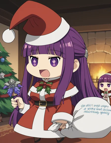 score_9, score_8_up, score_7_up, source_anime, <lora:fern-s1-v2-ponyxl-lora-nochekaiser:1>, fern, long hair, bangs, purple eyes, purple hair, sidelocks, blunt bangs, bright pupils, half updo, large breasts, anime screencap, <lora:padoru-ponyxl-lora-nochekaiser:1>, padoru, padoru (meme), holding sack, sack, santa hat, meme, christmas, open mouth, chibi, red capelet, santa dress, capelet, fur-trimmed headwear,, , dutch angle, cowboy shot
