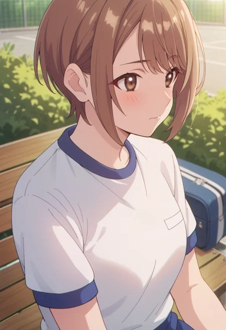 score_9, score_8_up, score_7_up, source_anime, jinguji rumi, short hair, brown hair, brown eyes, solo, 1girl, shirt, white shirt, outdoors, gym uniform, closed mouth, bench, blush, bag, upper body, short sleeves
