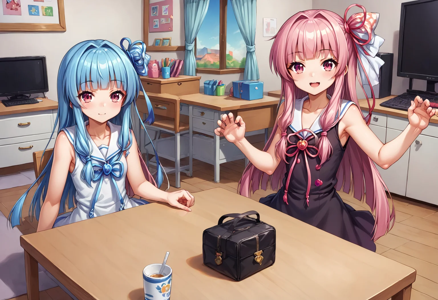 (nsfw),(Uncensored), score_9, score_8_up, score_7_up, source_anime, BREAK
2girls, sisters, side by side, kotonoha akane, kotonoha aoi, blue hair, pink hair, black dress, white dress,
<lora:Kotonoha_MMD_Pony_V1:0.85>KotonohaMMD, pink eyes, long hair, bangs, blunt bangs, sidelocks, very long hair, hair intakes,hair ribbon, ribbon, hair ornament, hair tie, yagasuri, dress,sleeveless, bare shoulders, collared dress, wide sleeves, long sleeves, zettai ryouiki, thighhighs, thighhighs under boots, knee boots,
sitting, upper body, mirror, door, window, television, computer, chair, table, girls room,
claw pose, Waving gesture,
look at viewer,>o<,^o^,x3,
(upper body,)