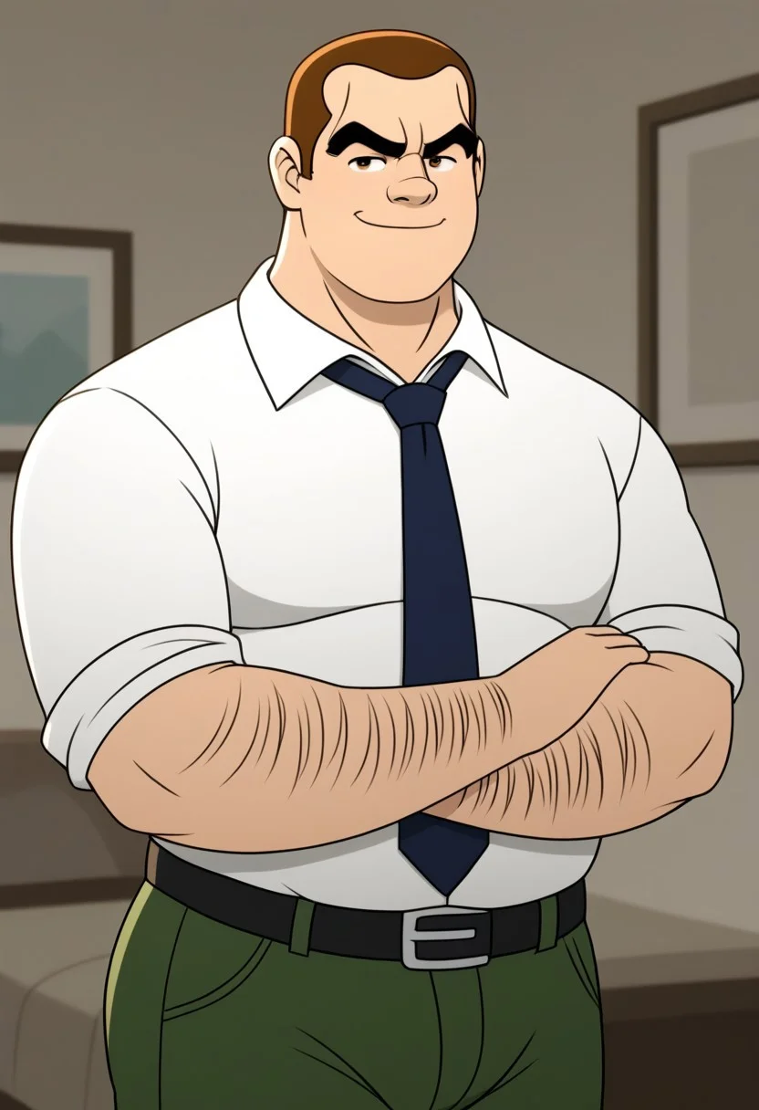 Score_9, cartoon style, 2D, Rick buck, 30s, 1man, solo, mature man, Brown hair, thick eyebrows, brown eyes, chubby body, hair on arms, white shirt, dark green pants, dark blue tie, black belt, looking at viewer, smirking, in bedroom, tight underwear, standing